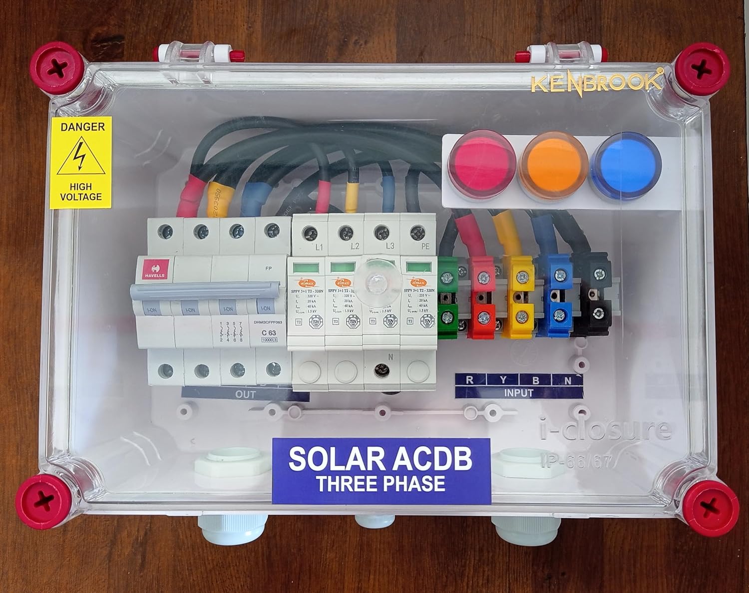 Kenbrook Solar ACDB Three Phase Inbuilt Havells AC MCB 63A, Elmex AC SPD 320V & Indicator 12kW to 27kW (3Ph 63A IND)